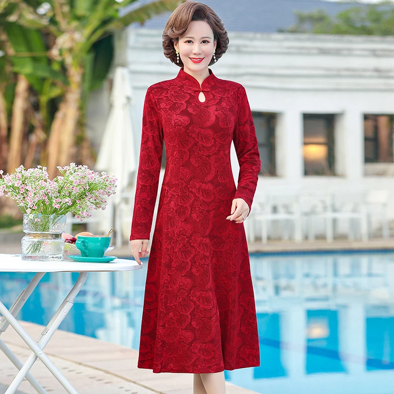 

Женское жаккардовое платье-Ципао в китайском стиле, Элегантное повседневное платье с цветочным принтом, модель 5XL на весну, женские платья-трапеции с длинным рукавом, праздничные платья