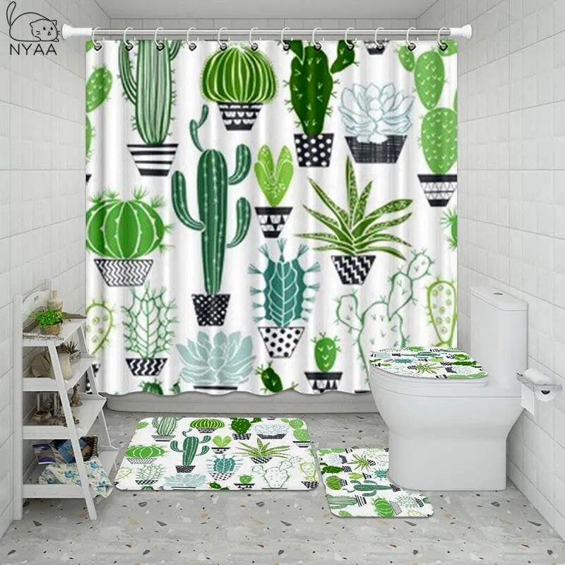 

Vixm Cactus Flower Green Bathroom Waterproof Shower Curtain Set Pedestal Rug Lid Carpet Toilet Cover Set Bath Curtain Mat Set