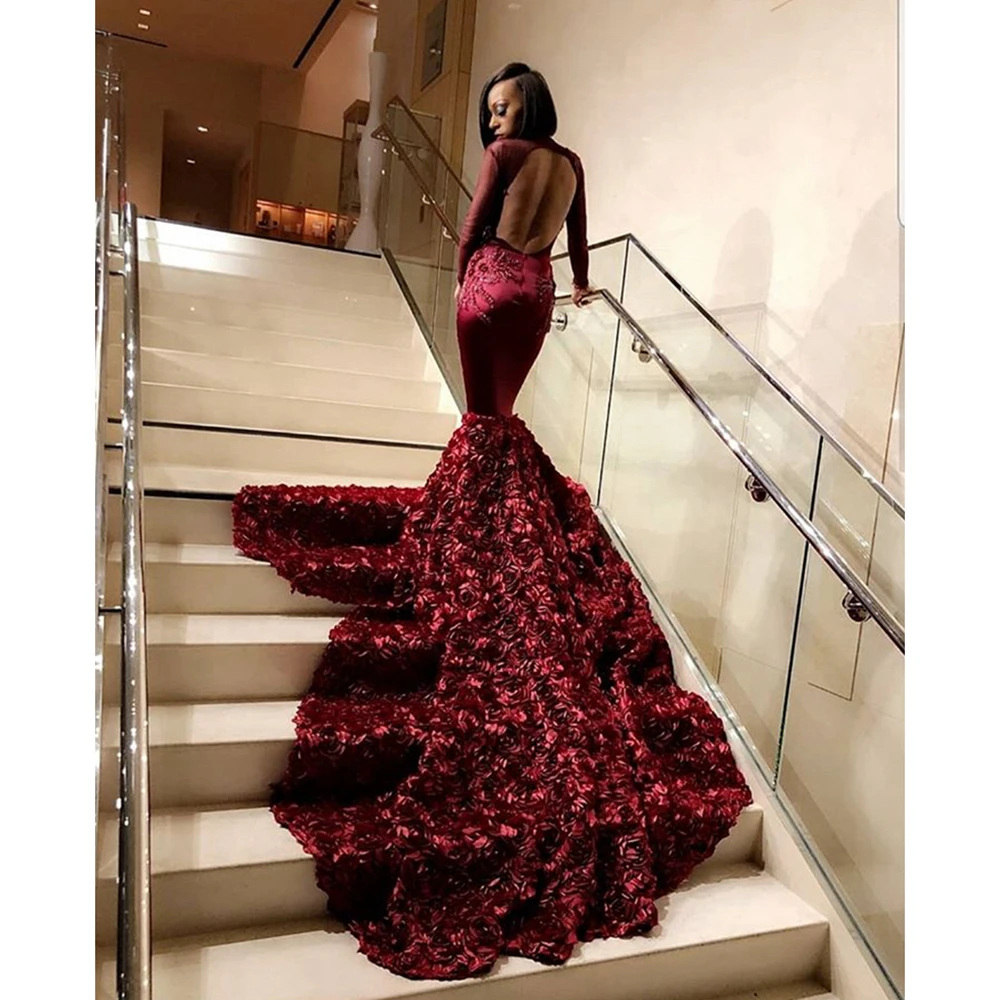 Бордовое платье для выпускного вечера с длинным рукавом кружевная аппликация 3D