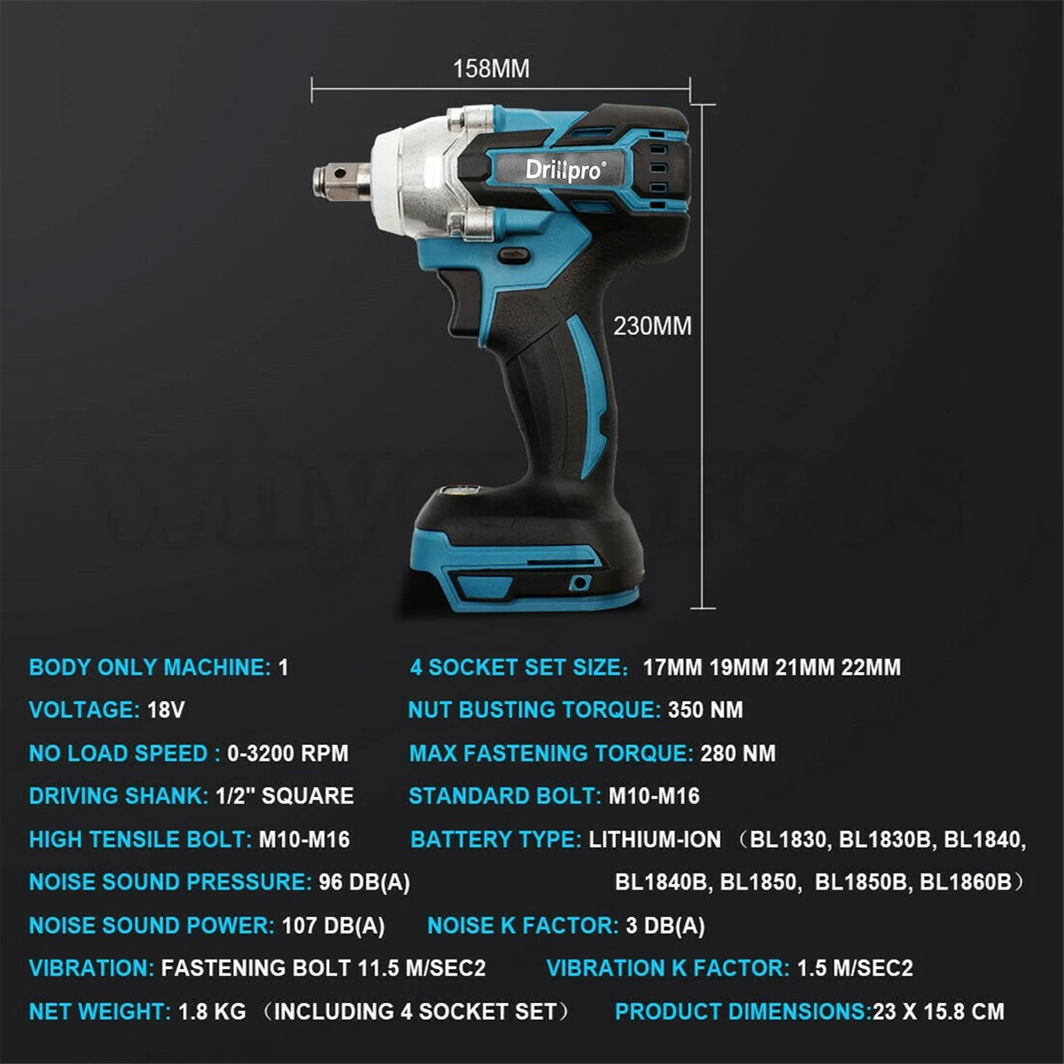

CN Drillpro Cordles Brushless Electric Impact Wrench 1/2 inch Power Tool With LED Light for Makita 18V Battery
