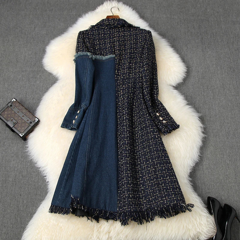 

2019 Fall Winter Fashion Plaid Coat Long Fashion Denim Stitching Tweed Jacket Single-breasted Wool Blend Coat Female Windbreaker