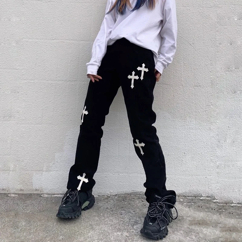 European and American street fashion brand printed cross jeans casual loose retro overalls high waist gothic straight trousers