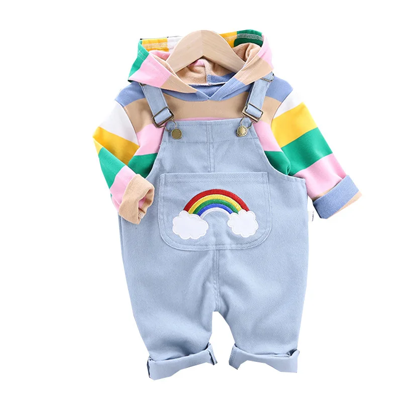 

Autumn Fashion Baby Boys Girl Clothes Children Hoodie Candy Colors Shirt Rainbow Strap Pants Sets Kids Toddler Cotton Tracksuits