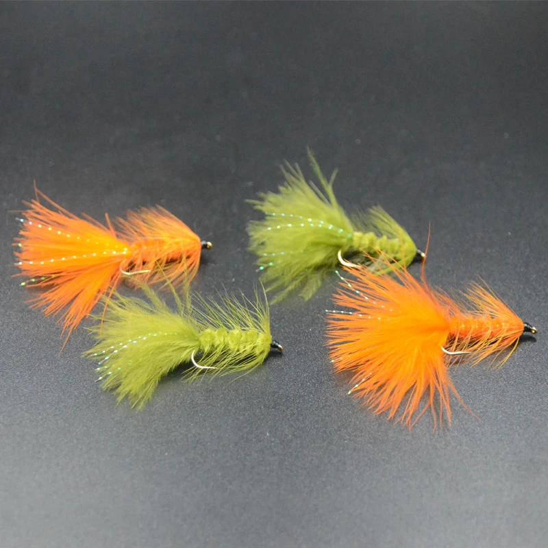 В ассортименте 2 вида цветов оранжевый/оливковый Wooly Bugger искусственный мокрых мух