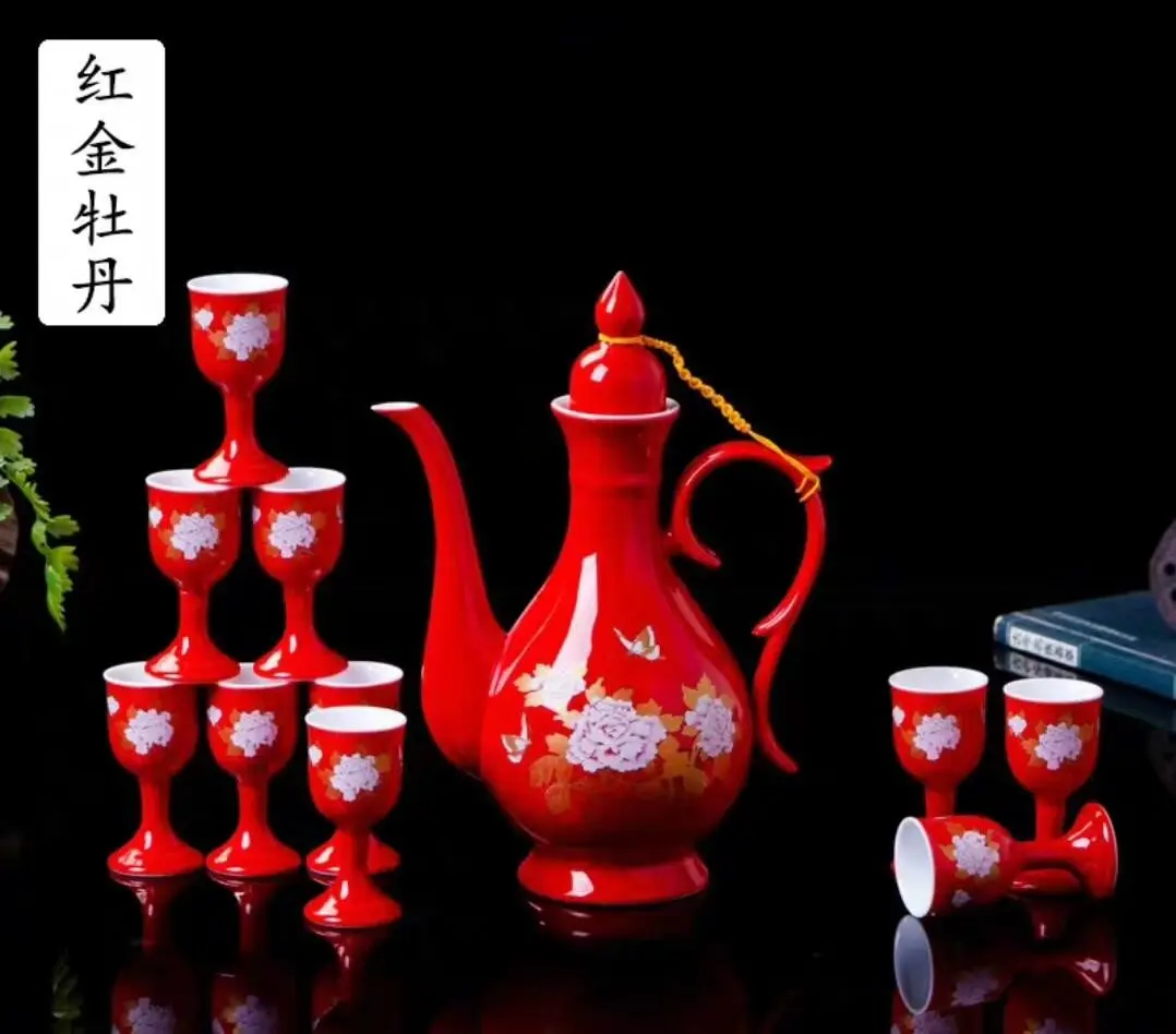

Bar Accessories Wine Glasses Chinese Red Wedding Wine Set Decanters For Alcohol Ceramic Liquor Zestaw Barmanski Barware EI50BS