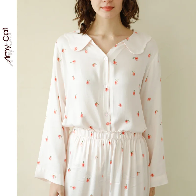 

2020 Spring Satin Peach Printing Pajama Set Ruffled Collar Long Sleeve Trousers Sleepwear Viscose White 2 Piece Women Sleepwear