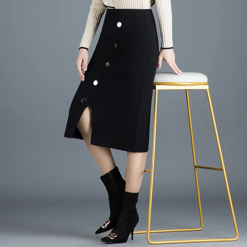 

Autumn Winter New Knit Skirt Elastic High Waist Thin Thick Black Stretch All-match Women A-line Bag Hip Skirt Tide Free Shipping