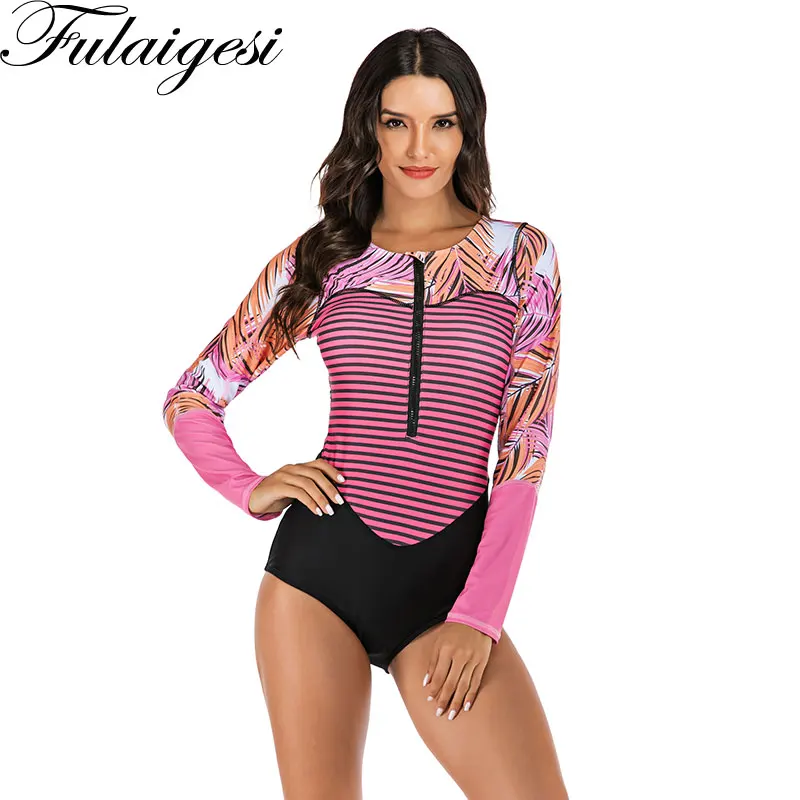 Рашгард женский длинный рукав купальник Защита от солнца принт передняя молния