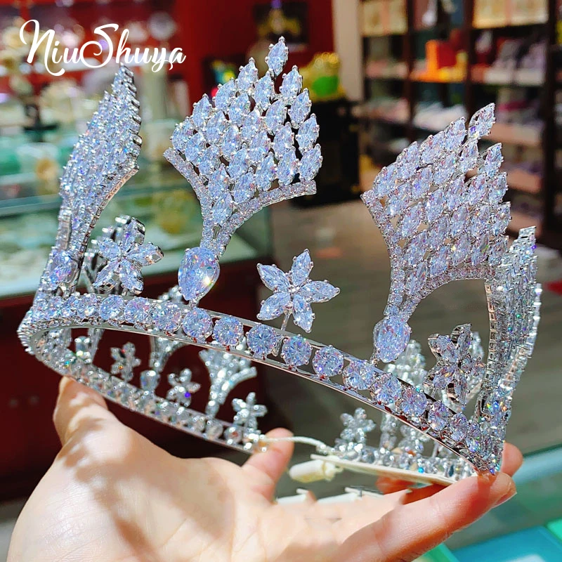 

NiuShuya Luxury European Full Cubic Zirconia Royal Queen Crowns Wedding Bridal Tiaras CZ Pageant Headpieces Party Hair Accessory