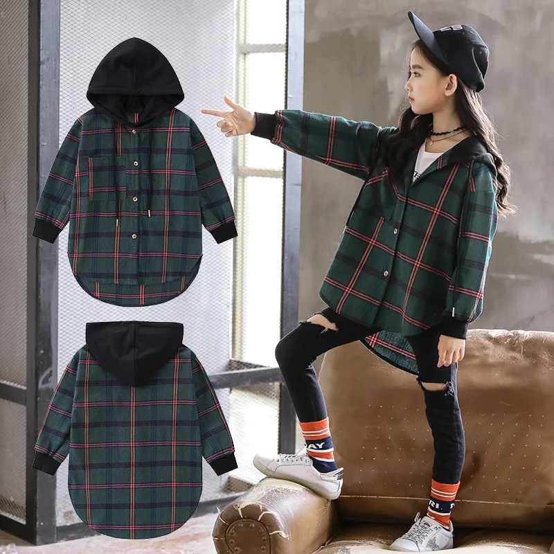 Hot 2019 Children Blouse Girl Cotton Green/Red Plaid Shirts for Teenagers Spring Autumn Fashion Hooded Cardigan Jacket 3 14Yrs|Блузки и