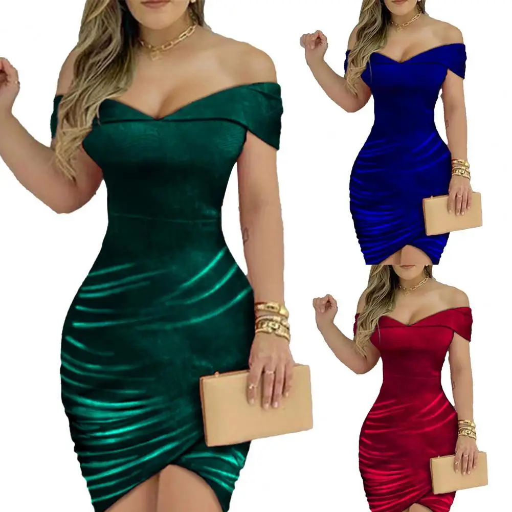 

Women Dress Off Shoulder Ruched Velvet Sexy Solid Color Bodycon Mini Dress Streetwear for Party
