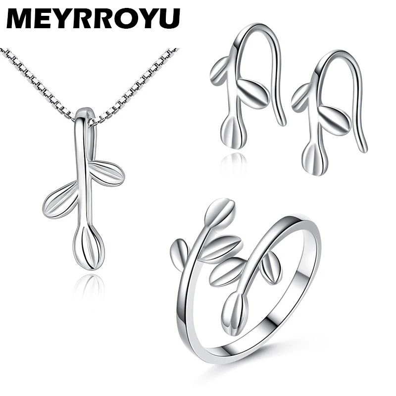 

MEYRROYU 925 Sterling Silver 2021 New Fashion Simple Bud Leaf Necklace Earrings Ring Jewelry Set Lady Birthday Party Jewelry