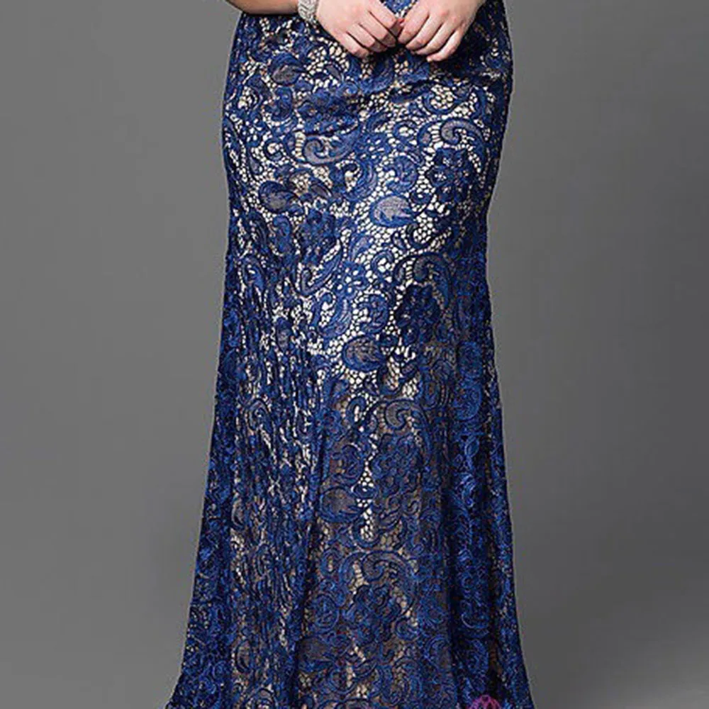 

Women Dinner Dresses Long Mermaid Plus Size Lace Sleeveless Floral Hollow Floor-Length Blue Elegant Party Dress Summer