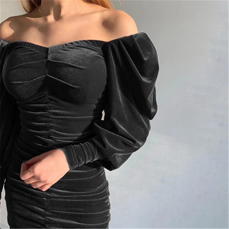 

Retro Square Collar Long Sleeve Temperament Knee-Length Dress 2021 Trendy Women Bubble Sleeve Pleated Slim Hip Dresses