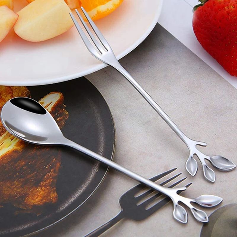 

5Spoon+5Forks Stainless Steel Leaf Coffee Cake Spoon Fork Dessert Spoons, Stirring Teaspoon Set-ABUX