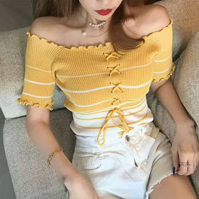

Women Ruffles Low Cut T-Shirt Bandage Short Sleeve Knitted Tee Tops Sexy Slim Striped Tee Shirt Casual Tops