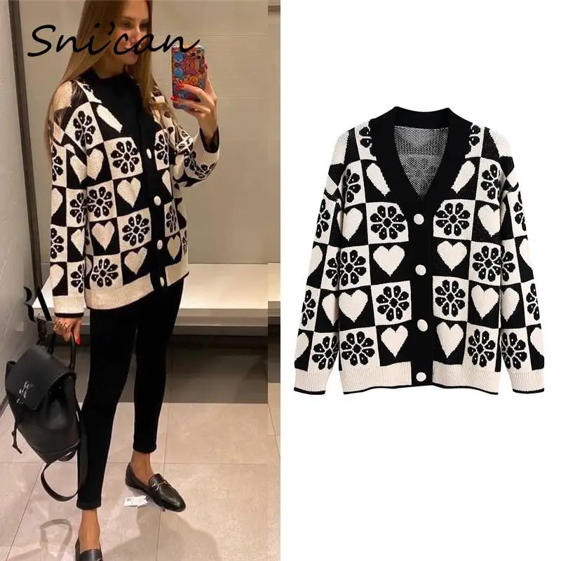 

Black White Plaid Cardigan Za 2021 Women Autumn Winter Snow flake Oversize Casual Knitted Sweater Femme Chandails Ladies Jumper