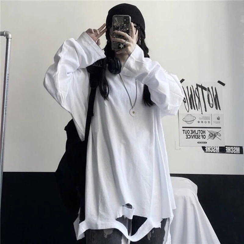 

Cotton Student Ripped Hole Long Sleeve Woman T Shirts Korean Fashion Popularity White Harajuku Hip Hop Oversized Punk Clothing
