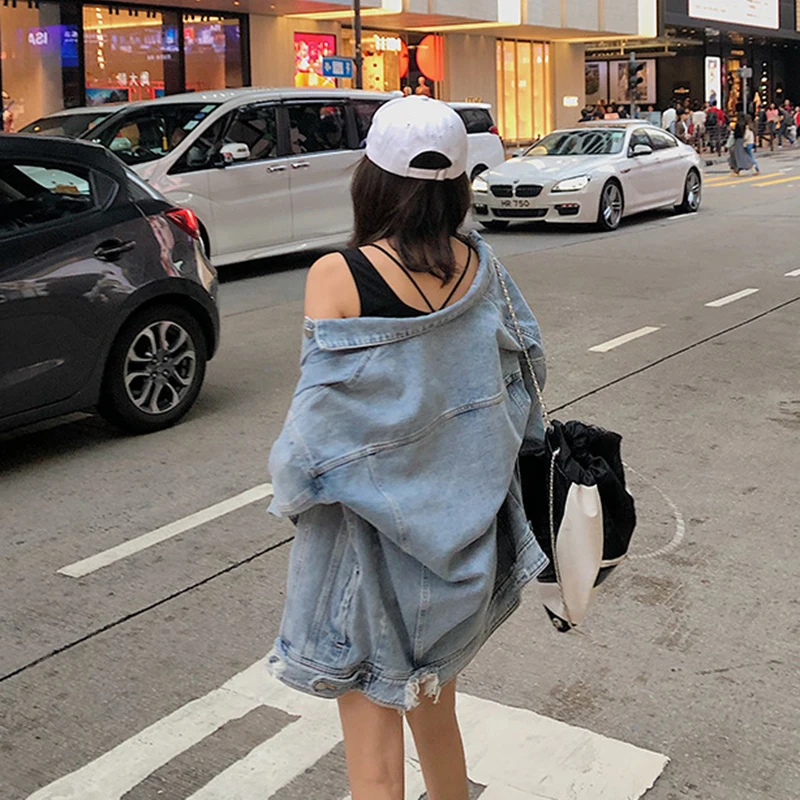 

Spring Women's Jackets New Korean Women Fashion Casual Wild Turn-Down Collar Hole Denim Jacket Autumn Female Loose Retro Coats