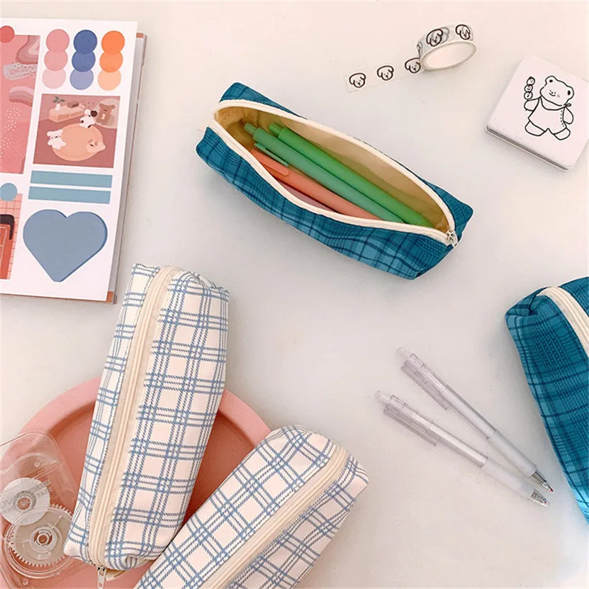 

Pencil Case Grid School Pencil Cases Aesthetic Pencil Bag Kawaii Makeup Office Supply Stationery Pen Box South Korea Stationery