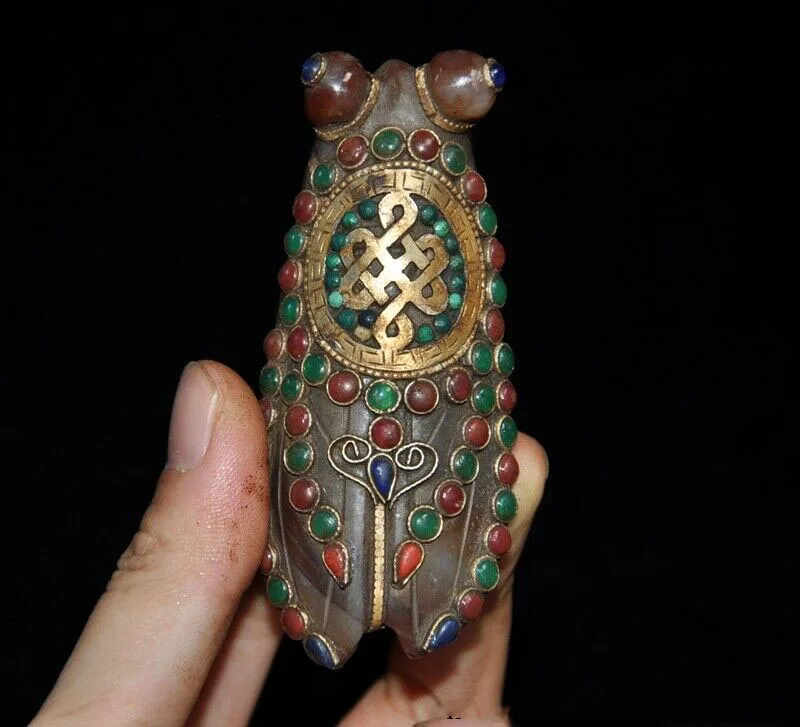 

wedding decoration Natural agate Silver Filigree Inlay gem cicada insect statue amulet Pendant