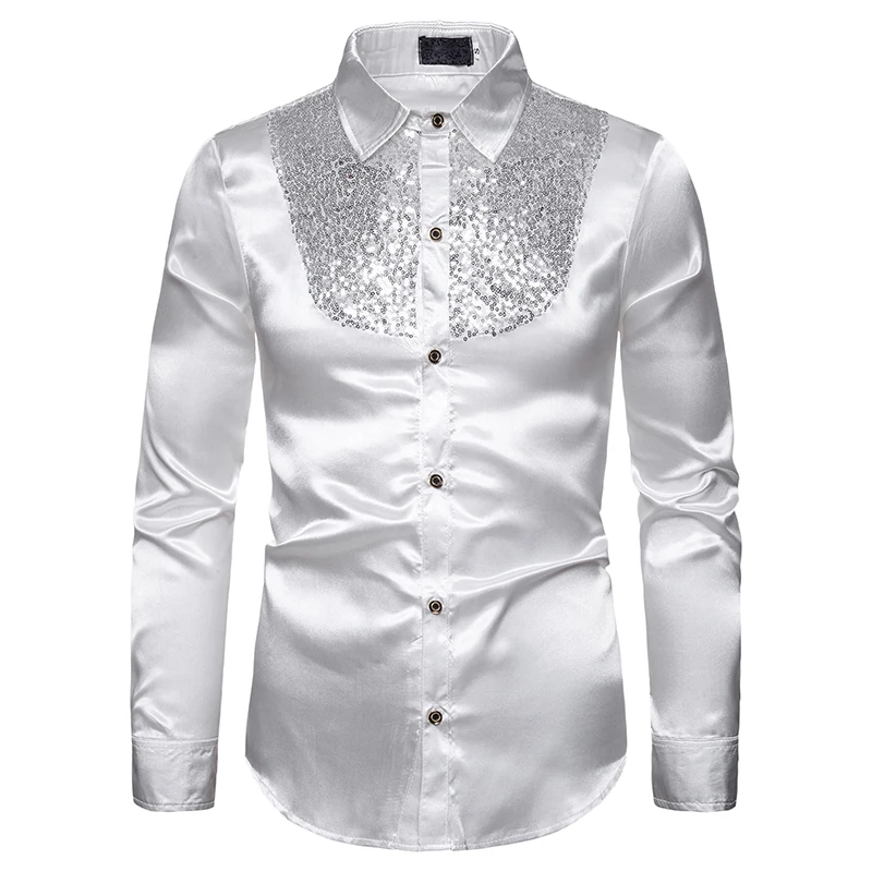 

Men Clothing 2021 Spring New Long-sleeved Shirt Nightclub Style Sequins Color Matching Casual Men's Shirt Costume
