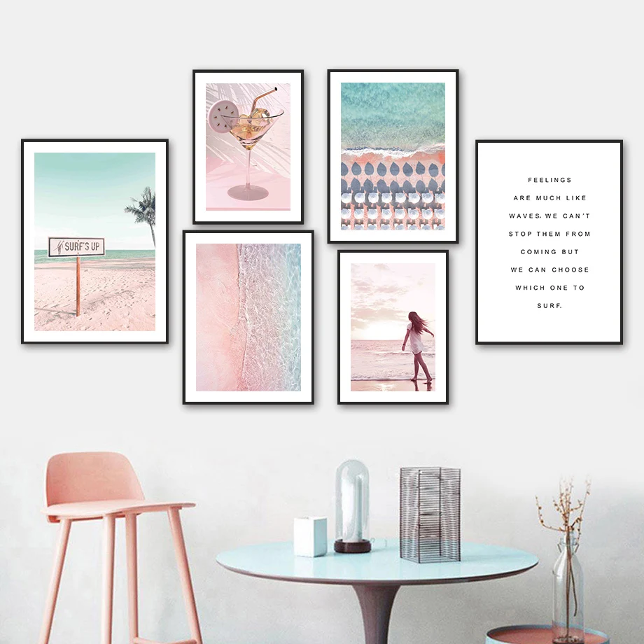 Песчаный пляж женщины ладони Surf напитки художественная стена с цитатой холст