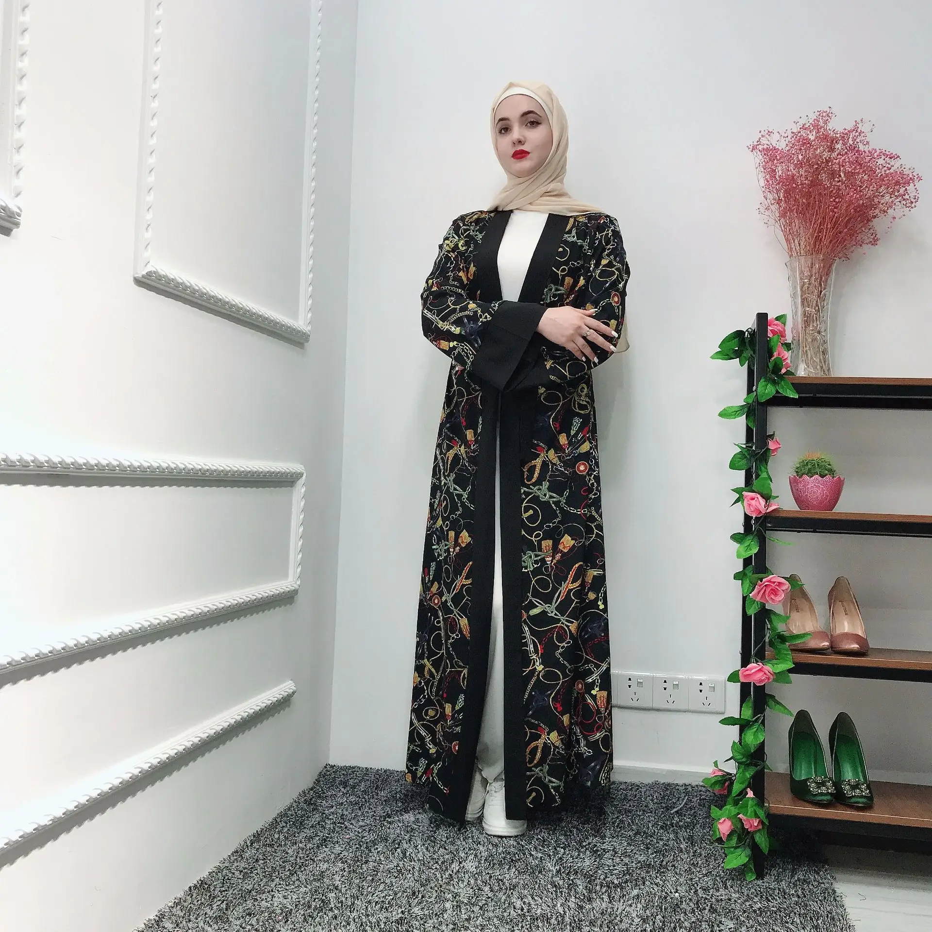 Элегантное мусульманское Открытое платье абайя Женская печать на шнуровке Дубай