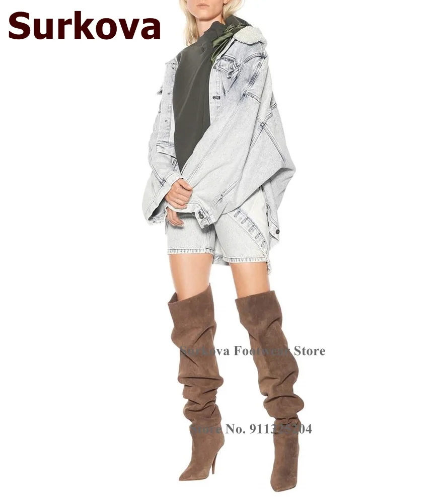 Женские замшевые плиссированные ботфорты Surkova кофейные Сапоги выше колена на