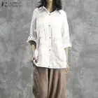 Женская винтажная блузка из хлопка и льна, с отложным воротником и длинным рукавом