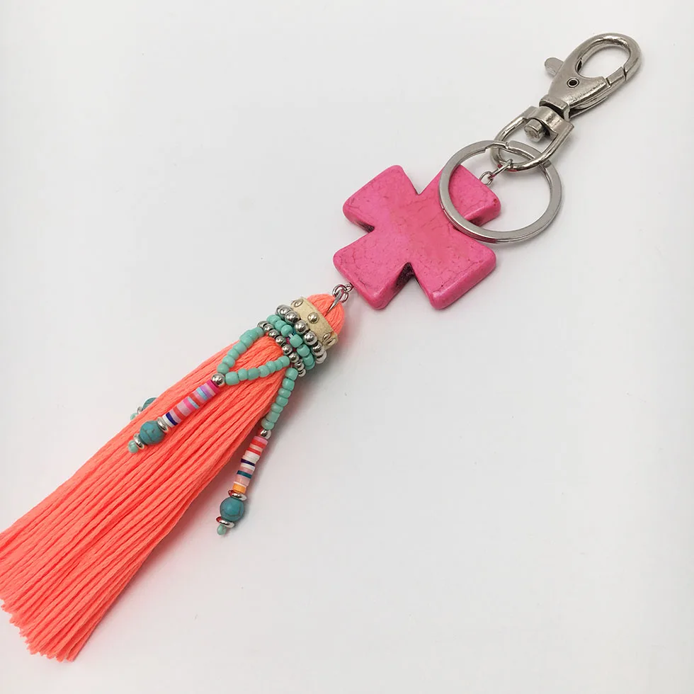 big cross orange Многоформенный натуральный каменный брелок, Классический трендовый Бохо цветной кисточкой, подвеска, брелок, массивная модная сумка, аксессуары, подвески - Цвет: big cross orange