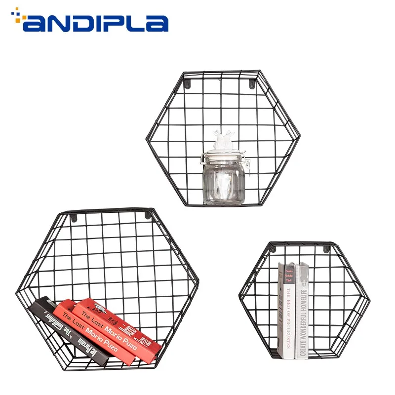 Современная железная шестиугольная сетка настенная полка для хранения