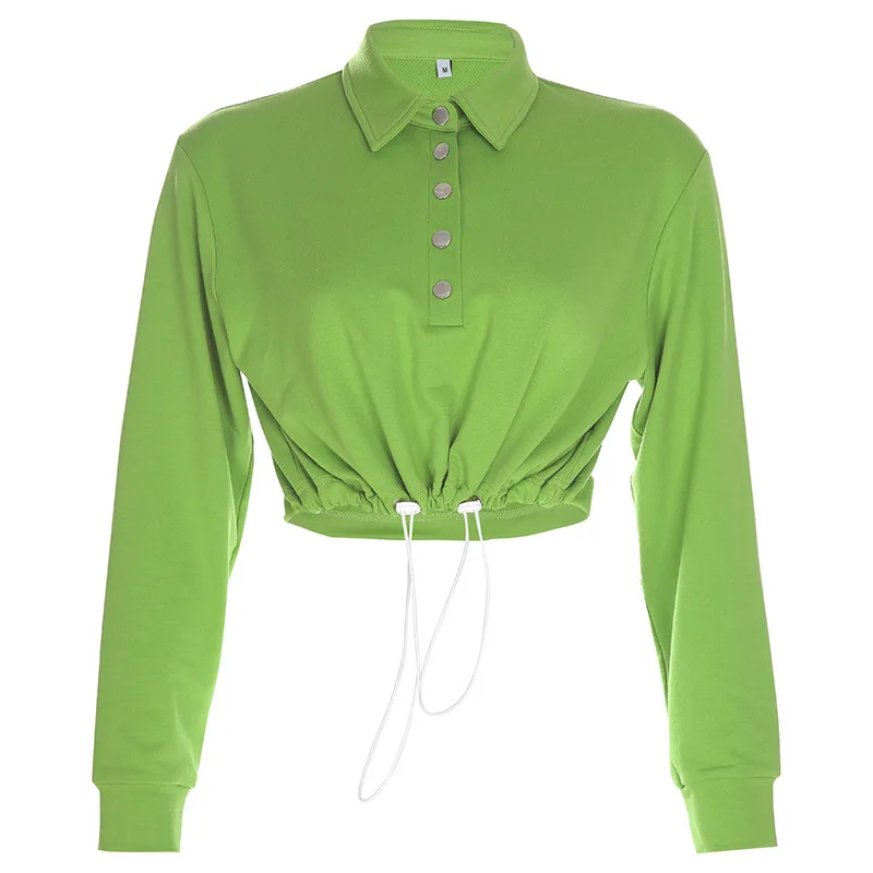 

T-shirts Woman Fashion 2020 Spring Summer Solid Crop Top Midriff-baring Lapel Shirts Drawstring Oversize Harajuku Lady Tshirt