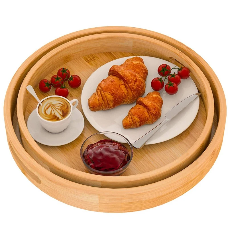 

Round Serving Trays Set With Handles - Wooden Bamboo Circle Tray For Coffee Table, Food, Ottoman 30Cm&35Cm