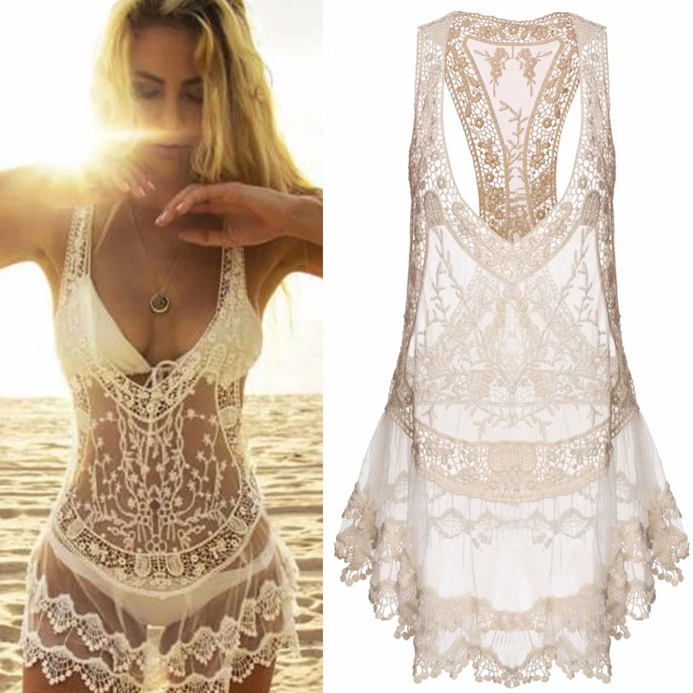 

Summer Dress Sexy V-neck Women's Beach Dress Casual Sleeveless Hollow Beige Spaghetti Belt Mini Lace Dress Swimsuit