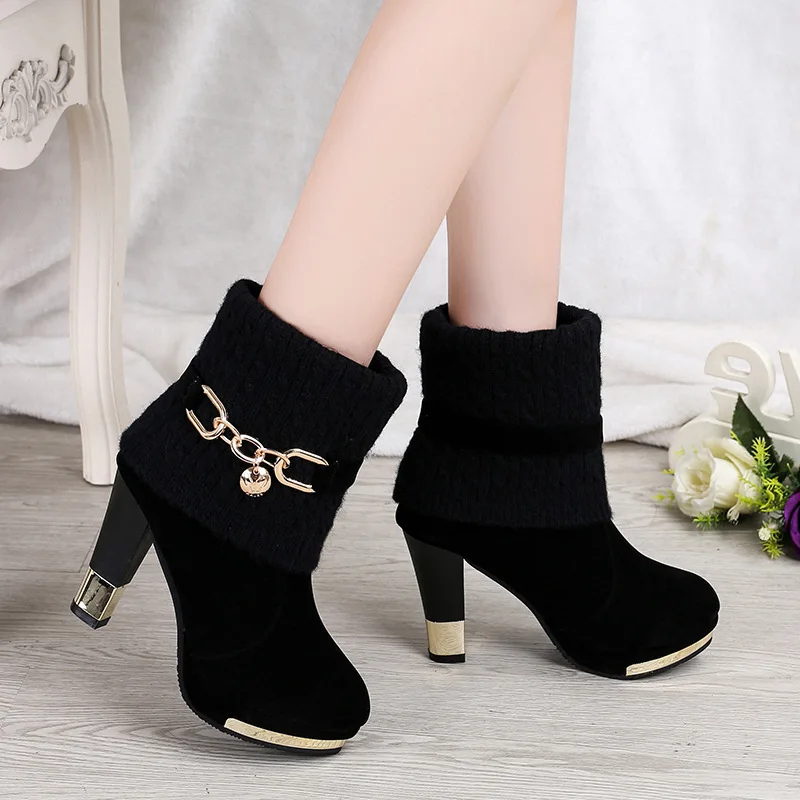 New winter 2019 boots with chunky heels high ground wool mid-leg large size 43 Martin |