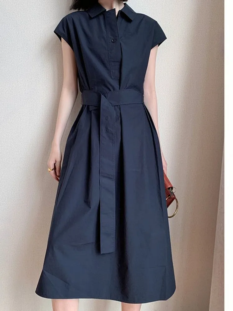 Женское платье-миди без рукавов длинное платье с отложным воротником и поясом