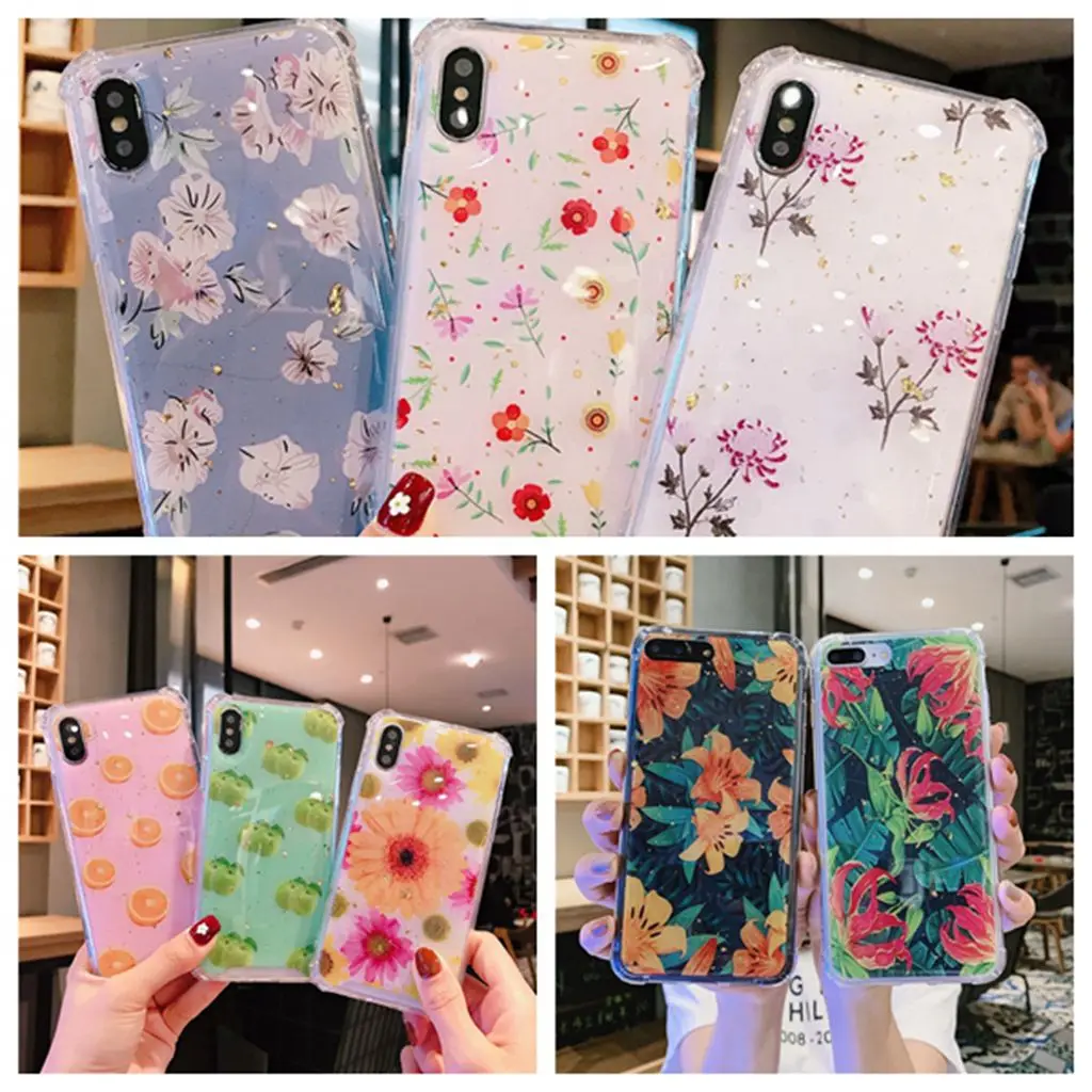 Four Corner Anti-fall Case for iPhone 6s 7 8 Plus 11 Pro Max XS XR X Drop Glue Flowe Hard Back Cover Clear Soft TPU Bumper Shell |
