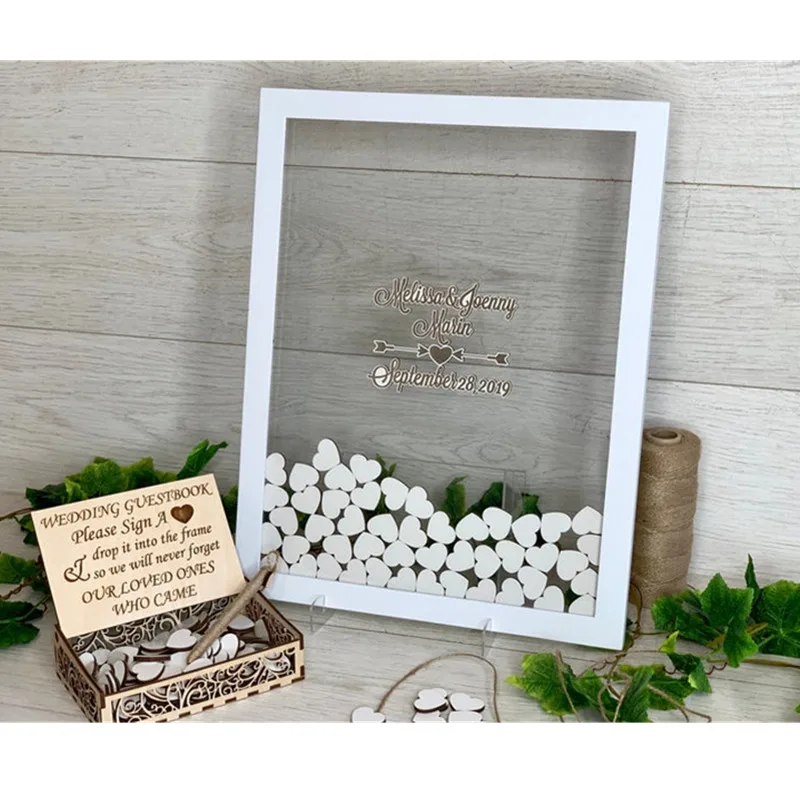 

customize white Guestbook frame 3D alternative drop top box heart wood wedding guest book ideas wishes box shadow box sign book