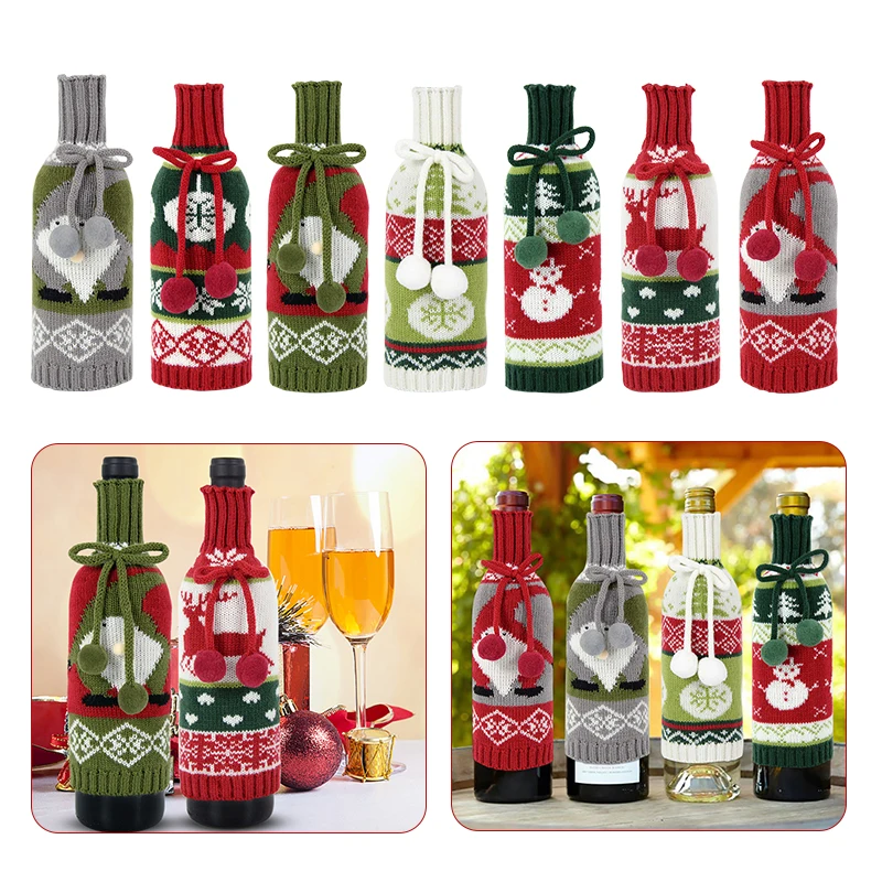 

Christmas Wine Bottle Cover Snowflake Elk Pattern Knitted Champagne Bottle Bag Merry Christtmas Party Table Decorations for Home