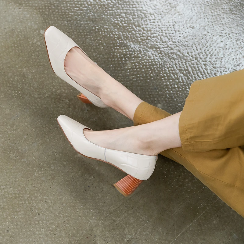 

CONASCO 2021 Spring New Concise Elegant Woman Pumps Genuine Leather Shoes Casual Wedding Shoes Thick Heels Shallow Shoes Woman