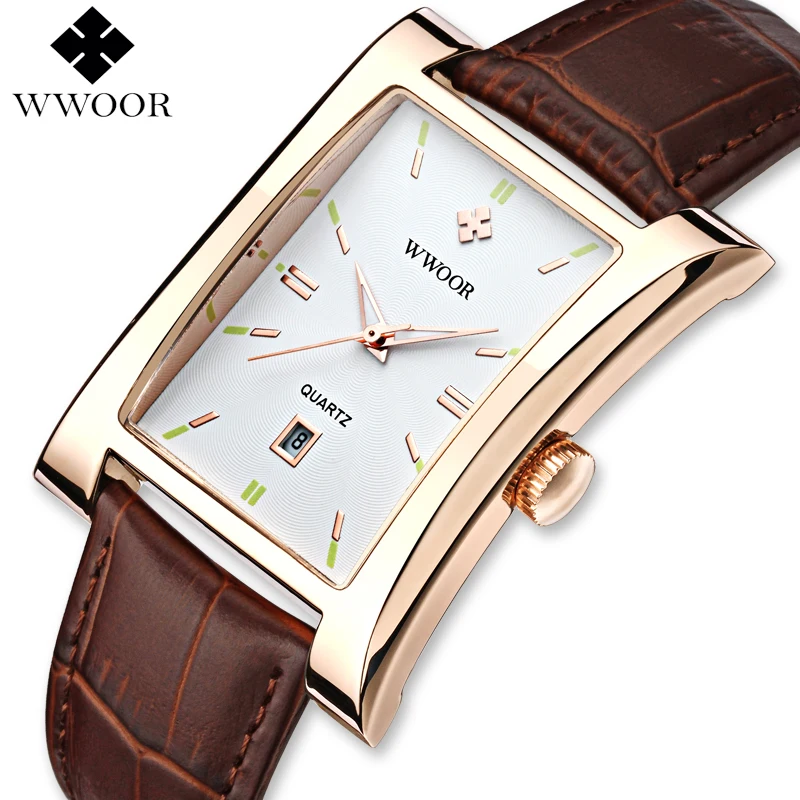 WWOOR бренд Для мужчин s часы кварцевые квадратной Дата световой Водонепроницаемый