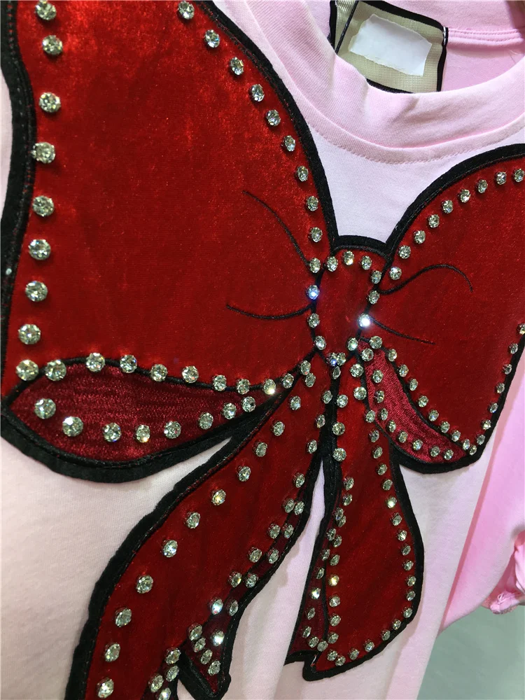 

2021 Spring and Summer New Bow Beaded Pink T-shirt Women's Loose Mid-Length Cotton Short Sleeve Plus Size Top