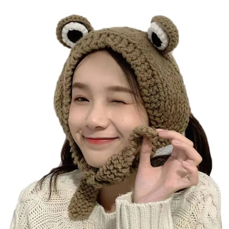 Cute Frog Eye Weave Knit Skullies Beanie Hat Solid Color Winter Warm Earflap Cap | Аксессуары для одежды