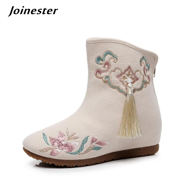 

Ethnic Style Women Ankle Boots Cotton Fabric Fringed Autumn Winter Casual Shoes for Female Embroidered Vintage Zip Booties