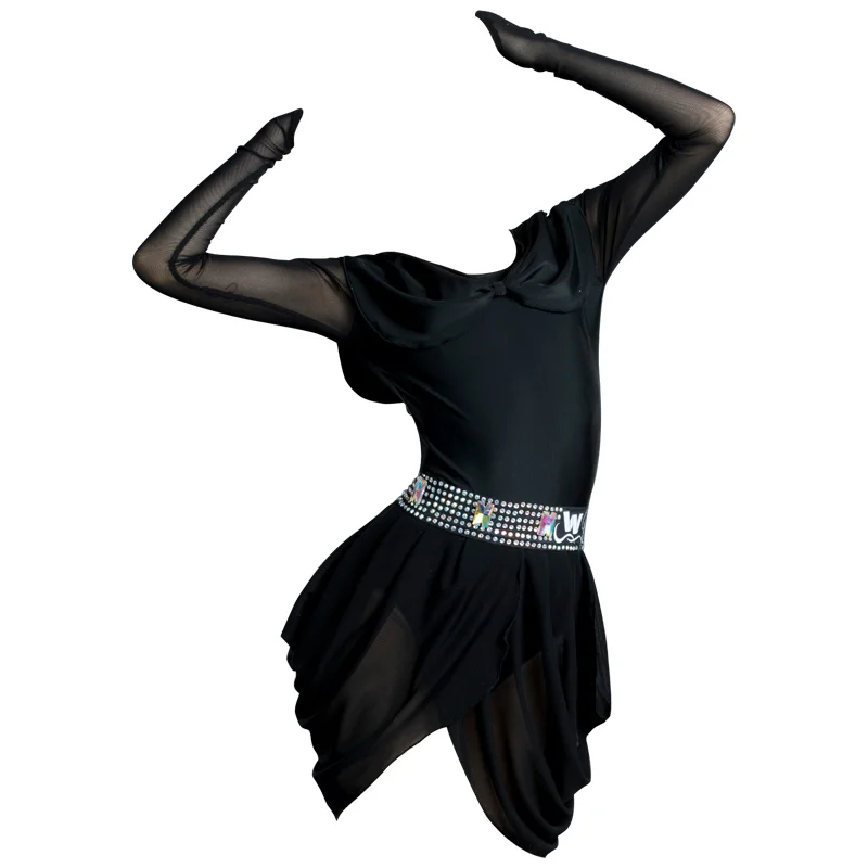 

Latin Dance Dress Tango Rumba Cha Cha Samba Costumes Girls Performance Clothing Black Mesh Long Sleeve Bodysuit Skirts DN5873