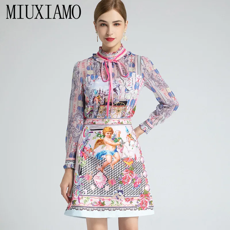 

MIUXIMAO 2021 Spring Summer Newest Sexy Collar Perspective Lace Long Sleeve Lolita Shirt Printed Skirt Suit Two-Piece Set Women
