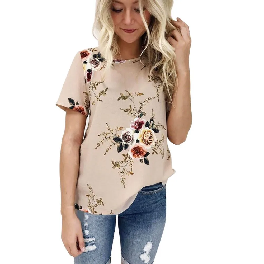 

Home&Nest Fashion Women Short Sleeve Floral Printing O-Neck Blouse Casual Loose Chiffon Blouse Women's Blouse Summer New
