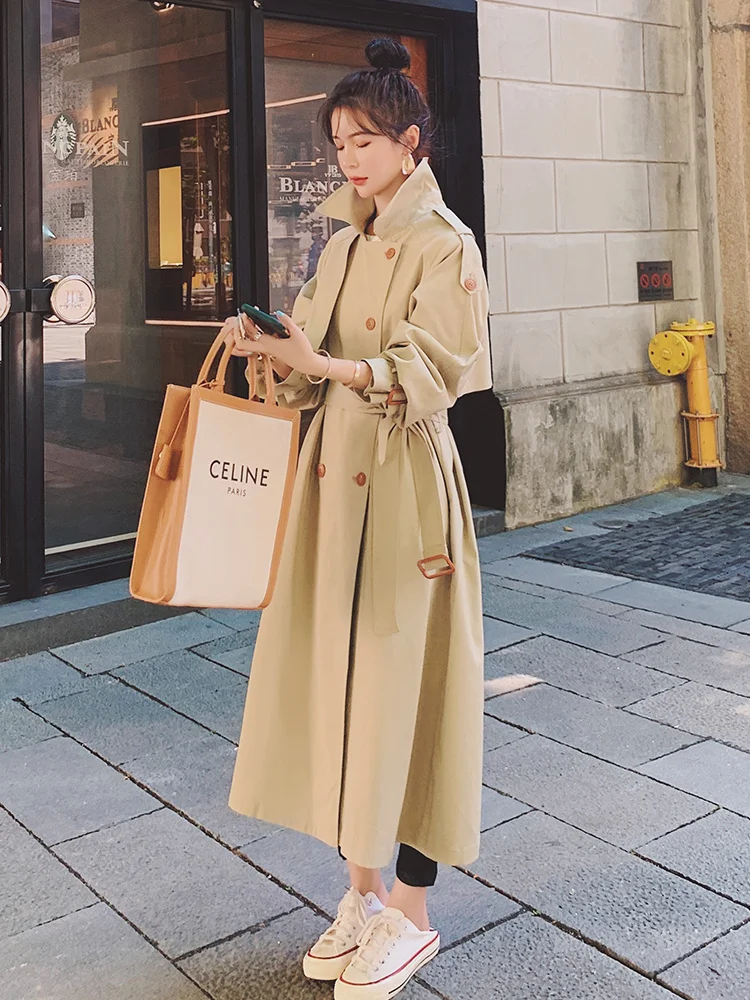 

Цвет хаки, Ветровка женская 2021 осень двубортное пальто с длинными рукавами, с отворотами, Классическая, шикарные пальто для женщин розовый и...