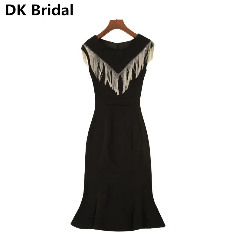 

Элегантные вечерние платья с кисточками и русалочкой, короткие, 2019, новейший дизайн, круглый вырез, без рукавов, атласные вечерние платья, вы...